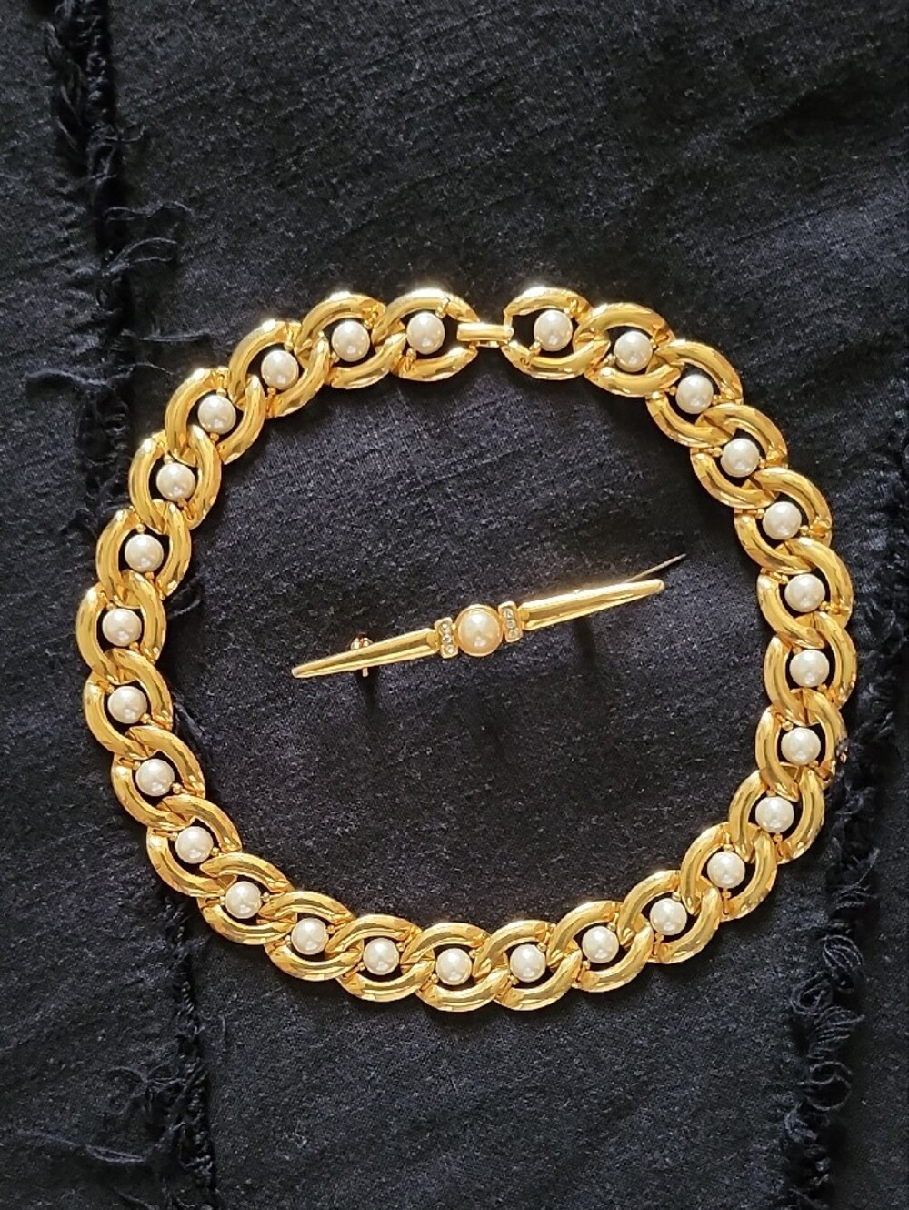 Napier Gold Tone and Faux Pearl Necklace / Choker and Gold Tone Brooch